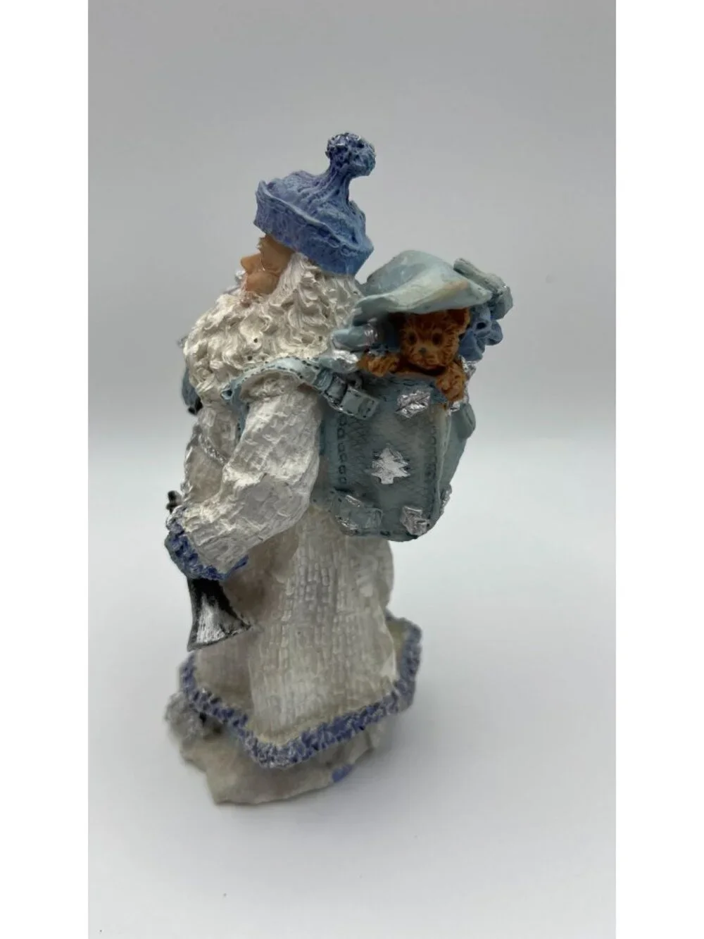 Vintage Santa Claus Figurine With Blue Hat & Sack White Robe With Glitter Accent
